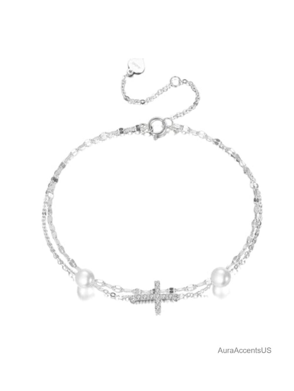 10k White Gold Lab Grown Diamond Cross Ankle Bracelet with Pearl, 9.4-11 Inches